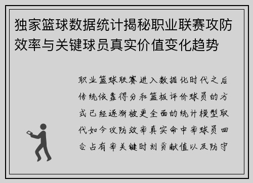 独家篮球数据统计揭秘职业联赛攻防效率与关键球员真实价值变化趋势 独家篮球数据统计揭秘职业联赛攻防效率与关键球员真实价值变化趋势