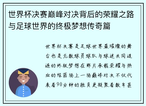 世界杯决赛巅峰对决背后的荣耀之路与足球世界的终极梦想传奇篇